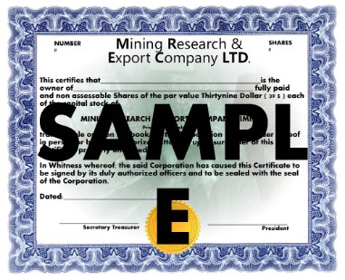 Mining, Research, Export Company Share certificate sample